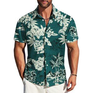 Men's Green Palm Tree Linen Short Sleeve Button Down Casual Shirt Business